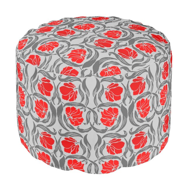 William Morris Pimpernel, Silver Gray and Red Pouf (Angled Front)