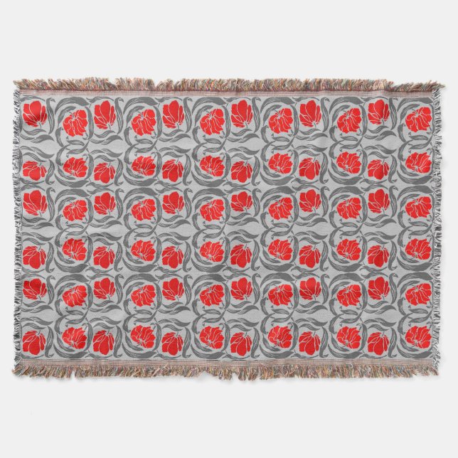 William Morris Pimpernel, Silver Gray and Red Throw Blanket (Front)