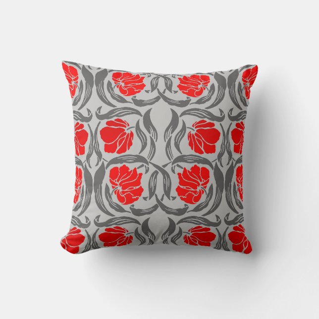 William Morris Pimpernel, Silver Gray and Red Throw Pillow (Front)