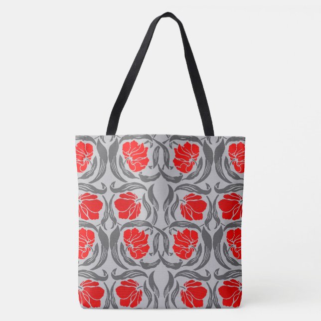 William Morris Pimpernel, Silver Gray and Red Tote Bag (Front)