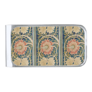 William Morris Pink Floral Silk Embroidery Antique Silver Finish Money Clip