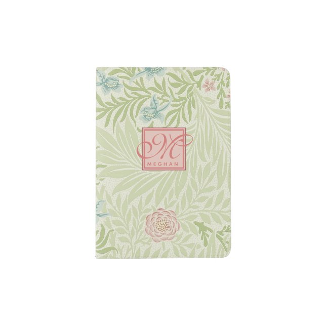 William Morris - Pink Flowers & Leaves Monogrammed Passport Holder (Front)