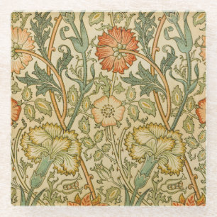 William Morris Pink Rose Border Floral Art Glass Coaster