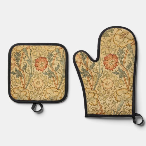 William Morris Pink Rose Flower Wallpaper Pattern Oven Mitt  Pot Holder Set