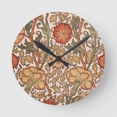 William Morris Pink Rose Flower Wallpaper Pattern Round Clock