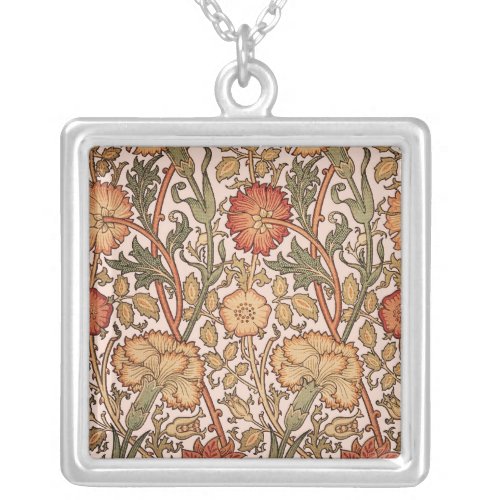 William Morris Pink Rose Flower Wallpaper Pattern Silver Plated Necklace