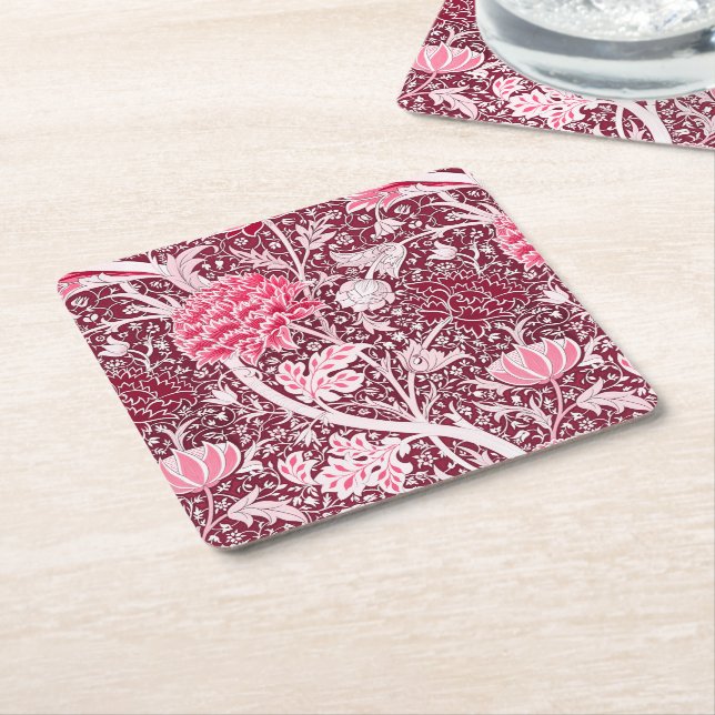 William Morris Pink Rose Gold Floral Pattern Square Paper Coaster (Angled)