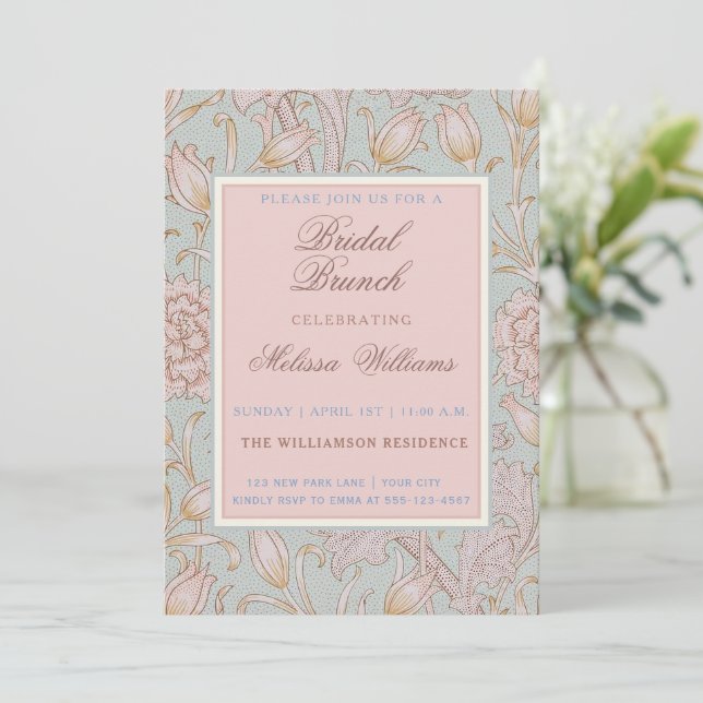 William Morris Pink Wild Tulips Blue Bridal Brunch Invitation (Standing Front)