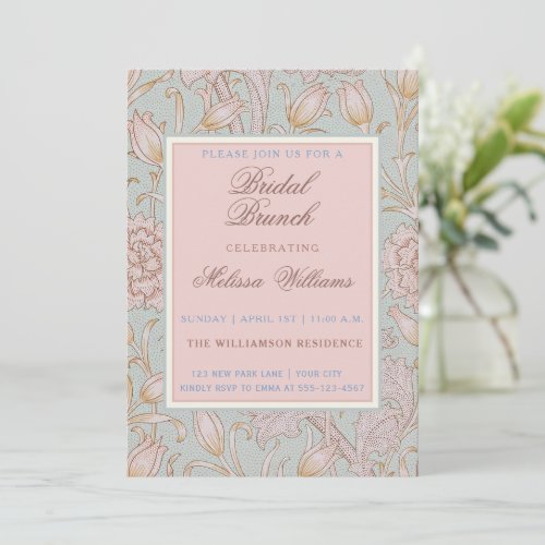 William Morris Pink Wild Tulips Blue Bridal Brunch Invitation