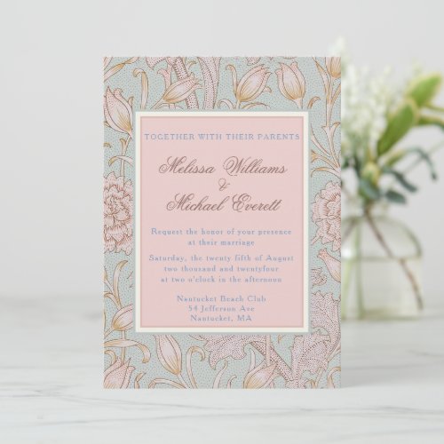 William Morris Pink Wild Tulips Soft Blue Wedding Invitation