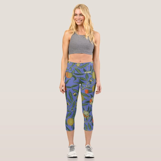 William Morris Pomegranate Blue Colorful Wallpaper Capri Leggings (Front)