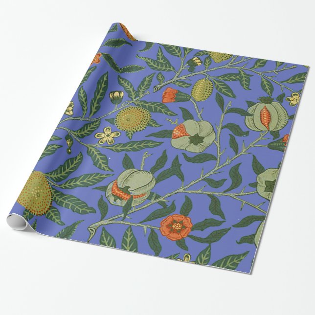 William Morris Pomegranate Blue Colorful Wallpaper Wrapping Paper (Unrolled)