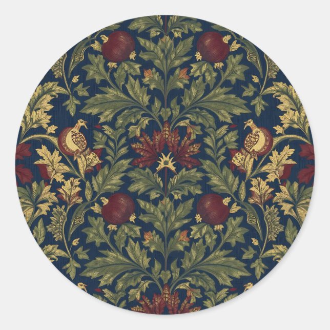 William Morris Pomegranate Floral Navy Pattern Classic Round Sticker (Front)