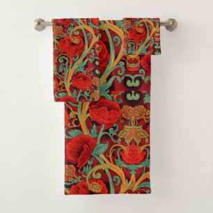William Morris Poppies Floral Art Nouveau Pattern  Bath Towel Set