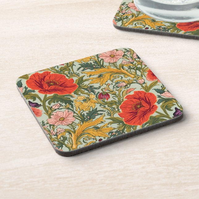 William Morris Poppies Floral Art Nouveau Pattern  Beverage Coaster (Left Side)