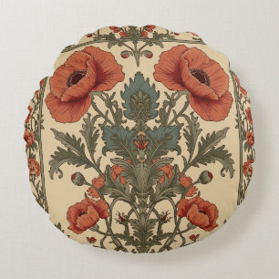 William Morris Poppies Floral Art Nouveau Pattern  Round Pillow