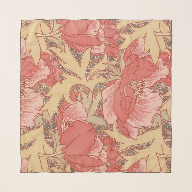 William Morris Poppies Floral Art Nouveau Pattern Scarf (Front)