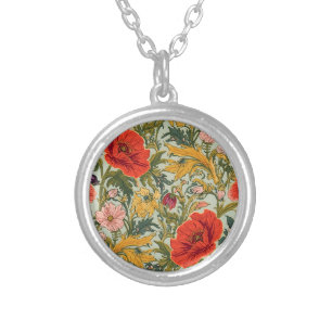 William Morris Poppies Floral Art Nouveau Pattern  Silver Plated Necklace