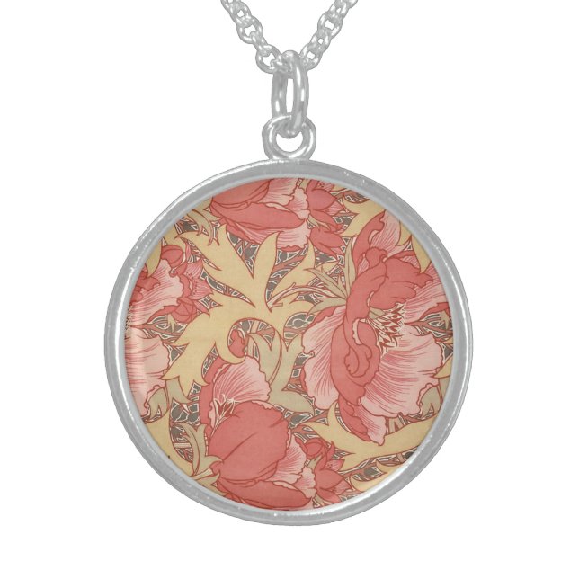 William Morris Poppies Floral Art Nouveau Pattern Sterling Silver Necklace (Front)