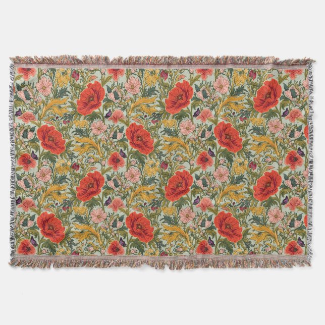 William Morris Poppies Floral Art Nouveau Pattern  Throw Blanket (Front)