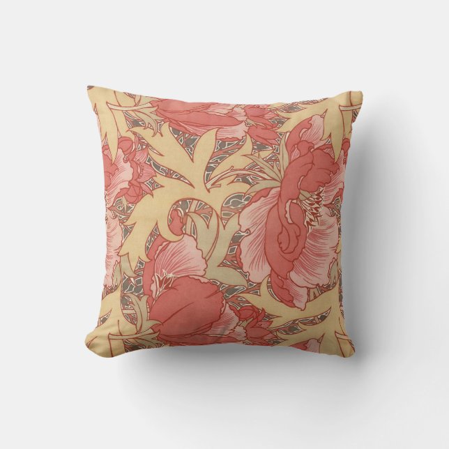 William Morris Poppies Floral Art Nouveau Pattern Throw Pillow (Front)