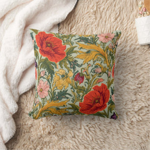 William Morris Poppies Floral Art Nouveau Pattern  Throw Pillow