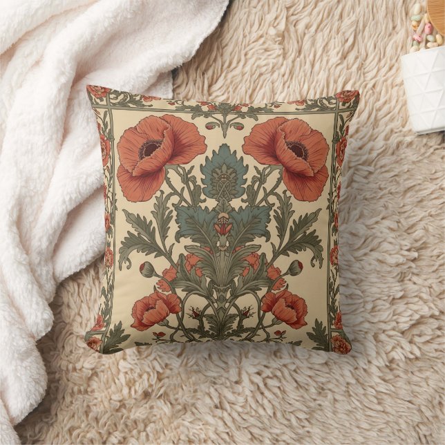 William Morris Poppies Floral Art Nouveau Pattern  Throw Pillow (Blanket)