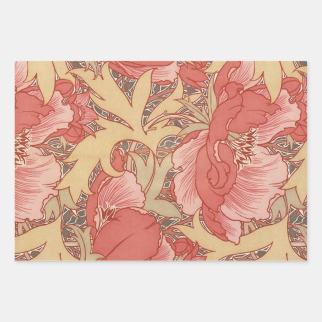 William Morris Poppies Floral Art Nouveau Pattern Wrapping Paper Sheets (Front)