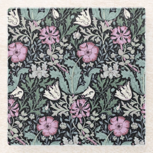 William Morris Poppy Botanical Victorian Wallpaper Glass Coaster (Front)