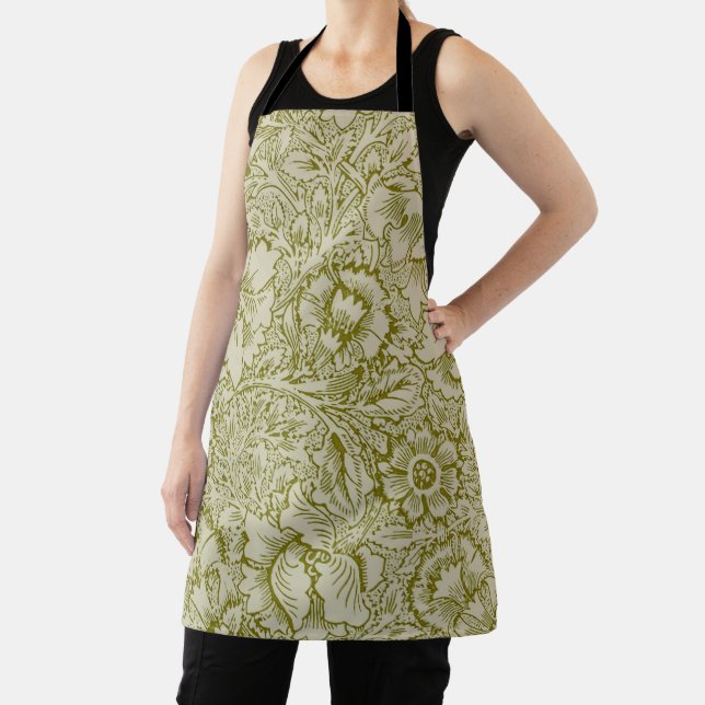 William Morris Poppy Classic Floral Green Apron (Insitu)
