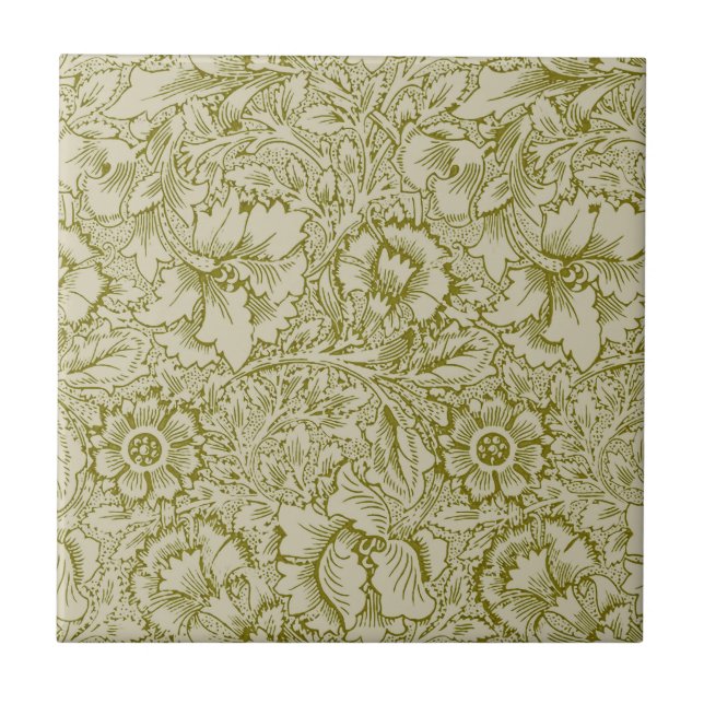 William Morris Poppy Classic Floral Green Ceramic Tile (Front)