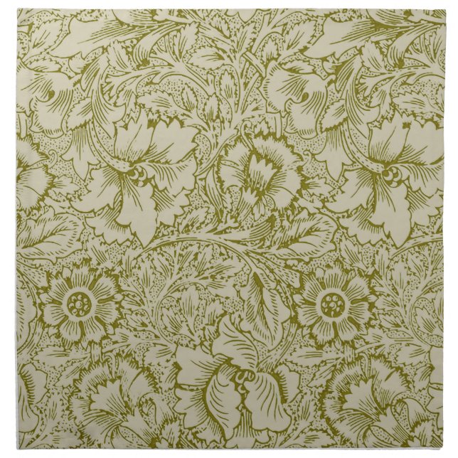 William Morris Poppy Classic Floral Green Cloth Napkin (Front)
