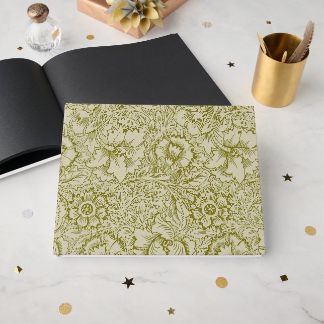William Morris Poppy Classic Floral Green Guest Book (Front Open)
