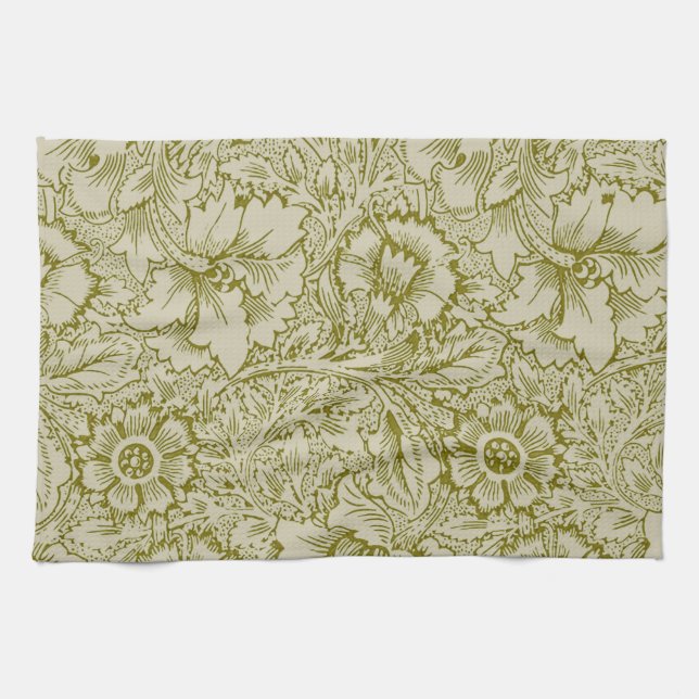 William Morris Poppy Classic Floral Green Kitchen Towel (Horizontal)