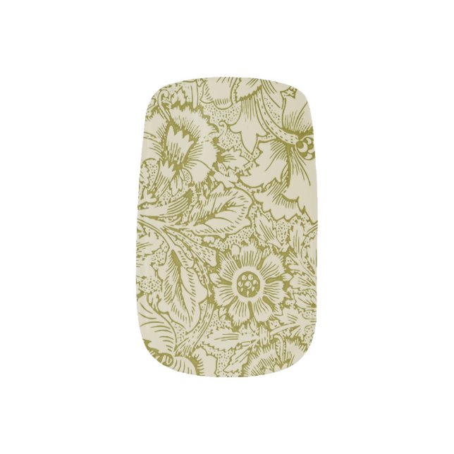 William Morris Poppy Classic Floral Green Minx Nail Art (Left Thumb)
