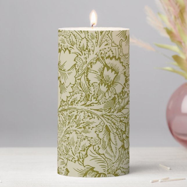 William Morris Poppy Classic Floral Green Pillar Candle (In Situ)