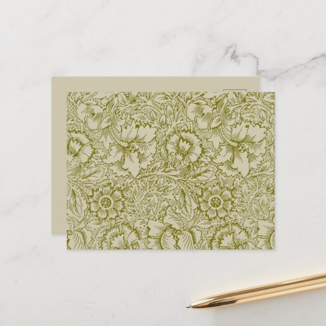 William Morris Poppy Classic Floral Green Postcard (Front/Back In Situ)