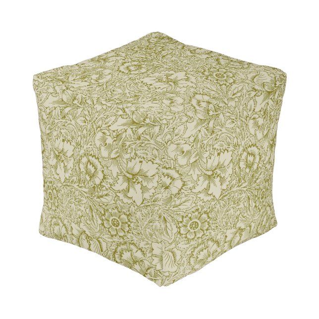 William Morris Poppy Classic Floral Green Pouf (Angled Back)