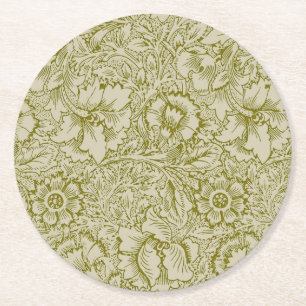 William Morris Poppy Classic Floral Green Round Paper Coaster