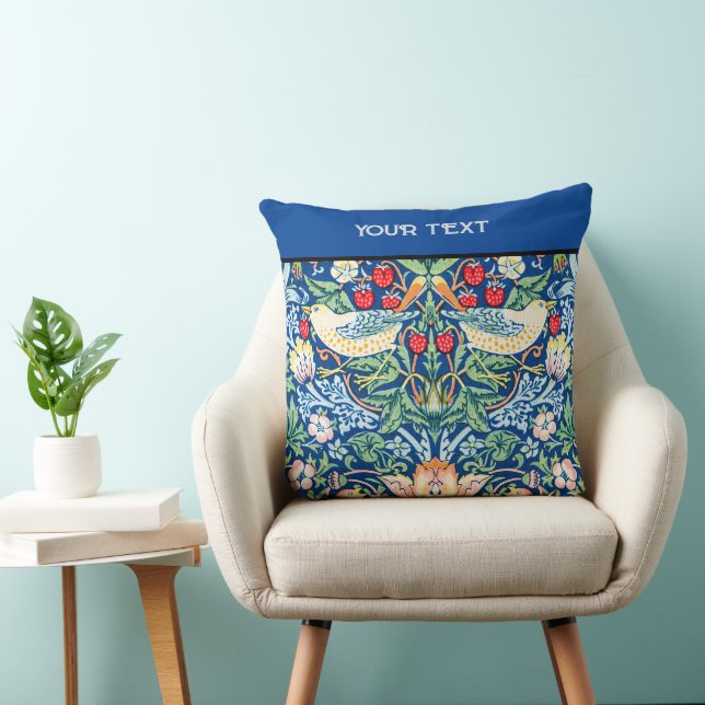 William Morris' Print: Strawberry Thief, Blue Throw Pillow (Chair)