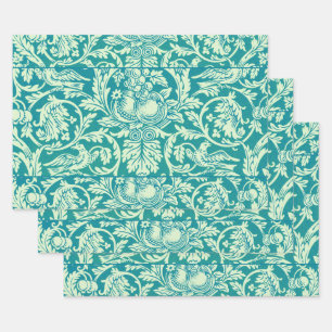 William Morris Queen Anne Teal Bird Floral Art Wrapping Paper Sheets