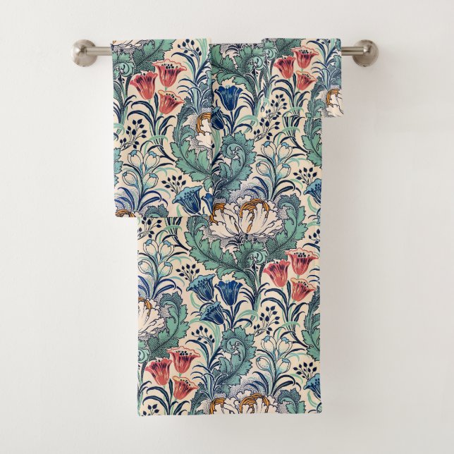 William Morris Red Blue Teal Floral Pattern Bath Towel Set (Insitu)