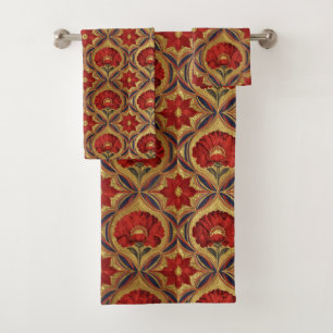 William Morris Red Gold Poppies Floral Pattern Bath Towel Set