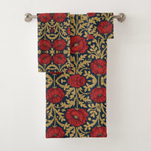 William Morris Red Gold Poppies Floral Pattern Bath Towel Set