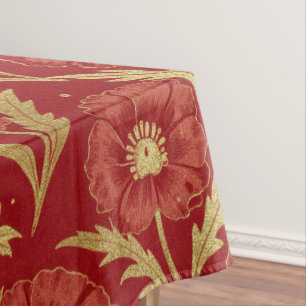 William Morris Red Gold Poppies Floral Pattern Tablecloth