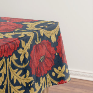 William Morris Red Gold Poppies Floral Pattern Tablecloth