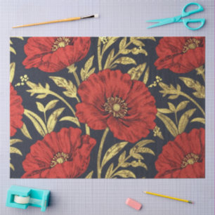 William Morris Red Gold Poppies Floral Pattern Tissue Paper