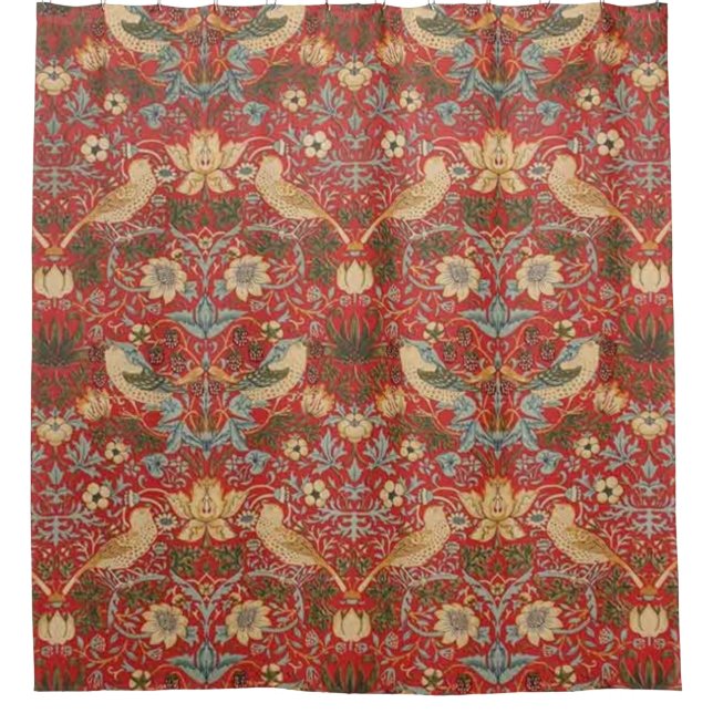William Morris Red Strawberry Thief Shower Curtain (Front)