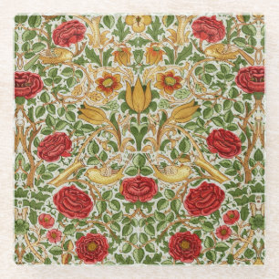William Morris Rose & Birds Chintz Red Glass Coaster