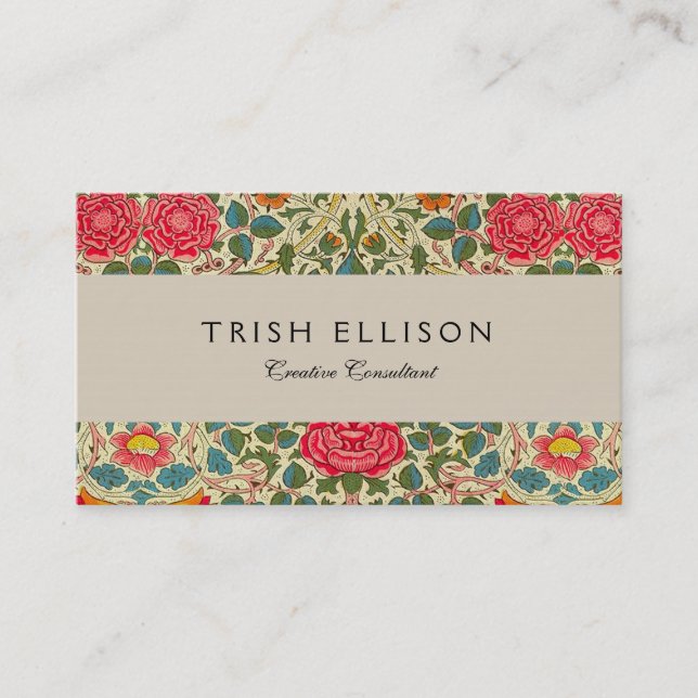 William Morris Rose Floral Chintz Pink Business Card (Front)